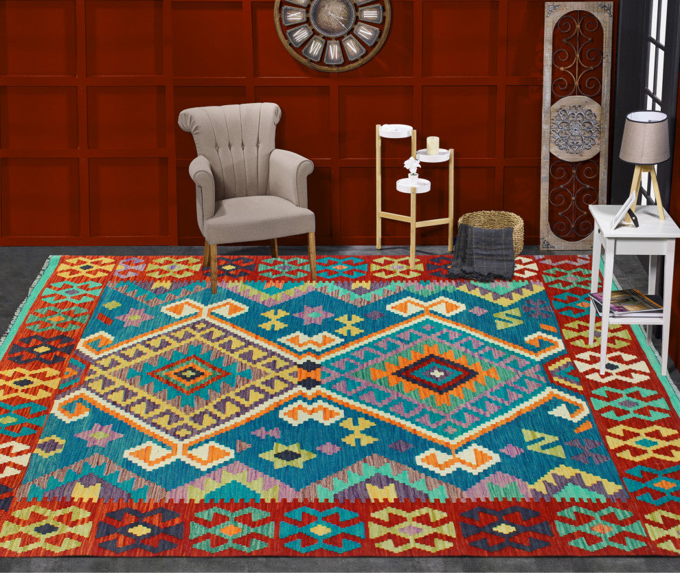 Flatweave Tansholp Blue/Red Rug, 5'0x6'6