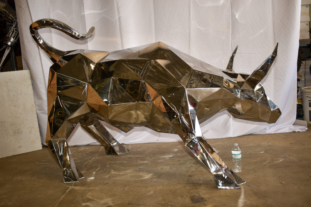 Modern Variation of Wall Street Bull Stainless Steel Statue 80" x 49" x 49"H