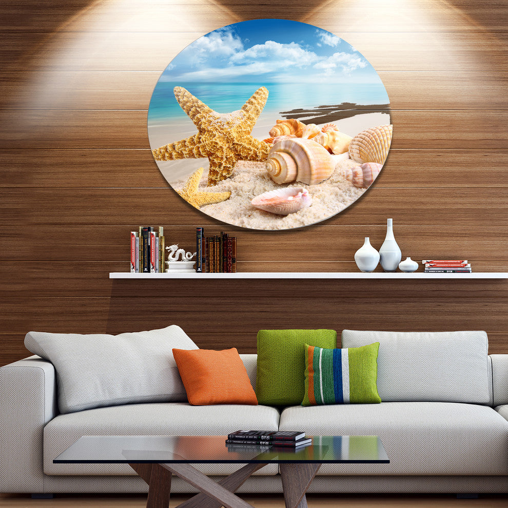 Starfish And Seashells On Beach, Seashore Round Metal Wall Art, 11"