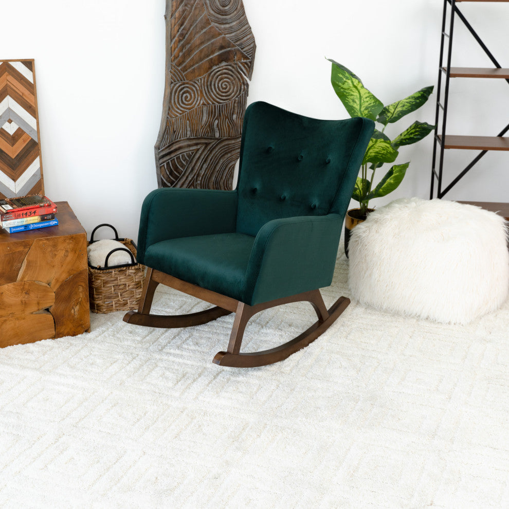 Charlotte Mid-Century Tufted Back Velvet Upholstered Rocking Chair, Green