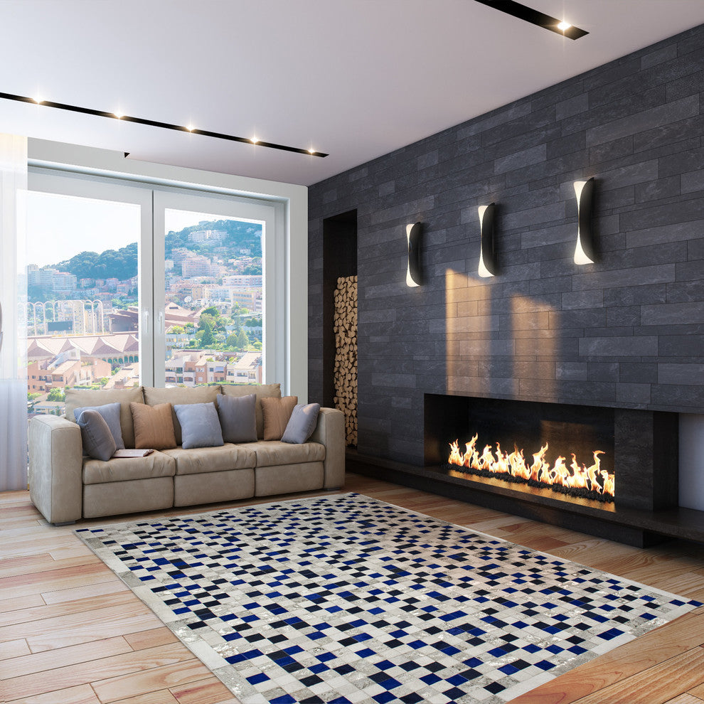 Cowhide Patchwork Rug, Hera, Sapphiere, 9'x12'