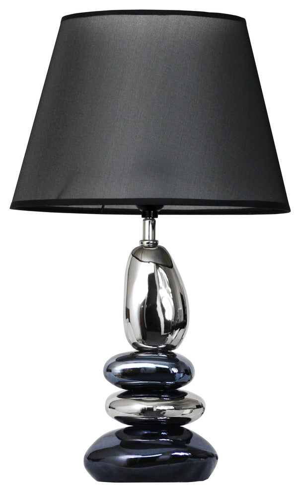 Stacked Chrome and Metallic Blue Stones Ceramic Table Lamp With Black Shade