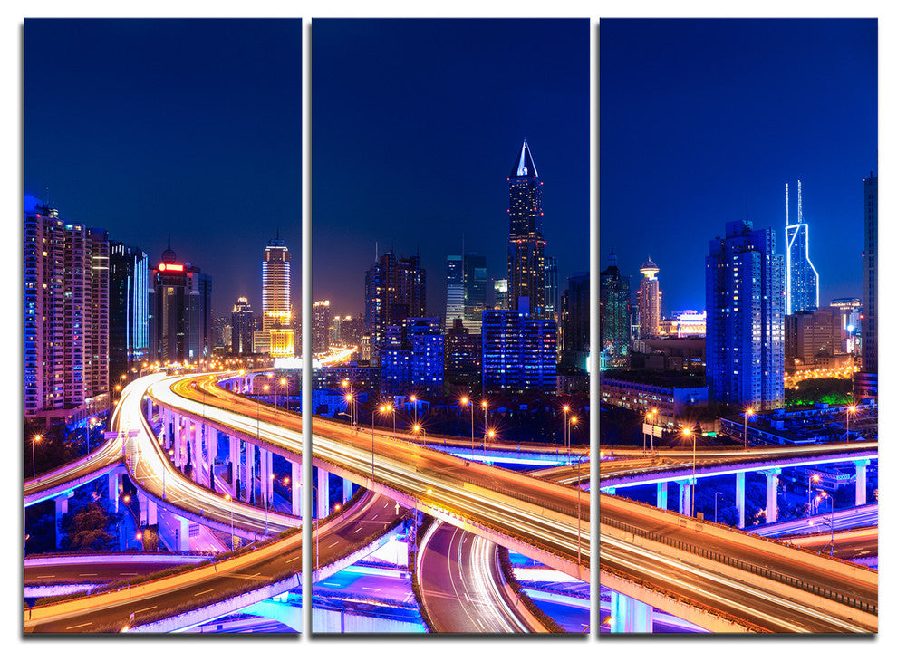 "Interchange Overpass at Night Skyline" Metal Wall Art, 3 Panels, 36"x28"