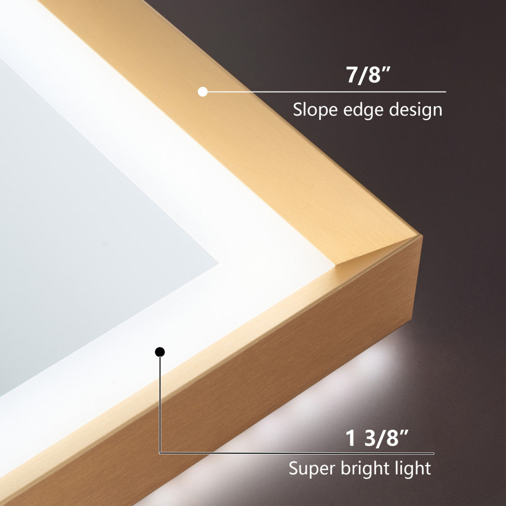 Beveled Bathroom LED Mirror Framed, Backlit and Front Light, Gold, 60"x28"
