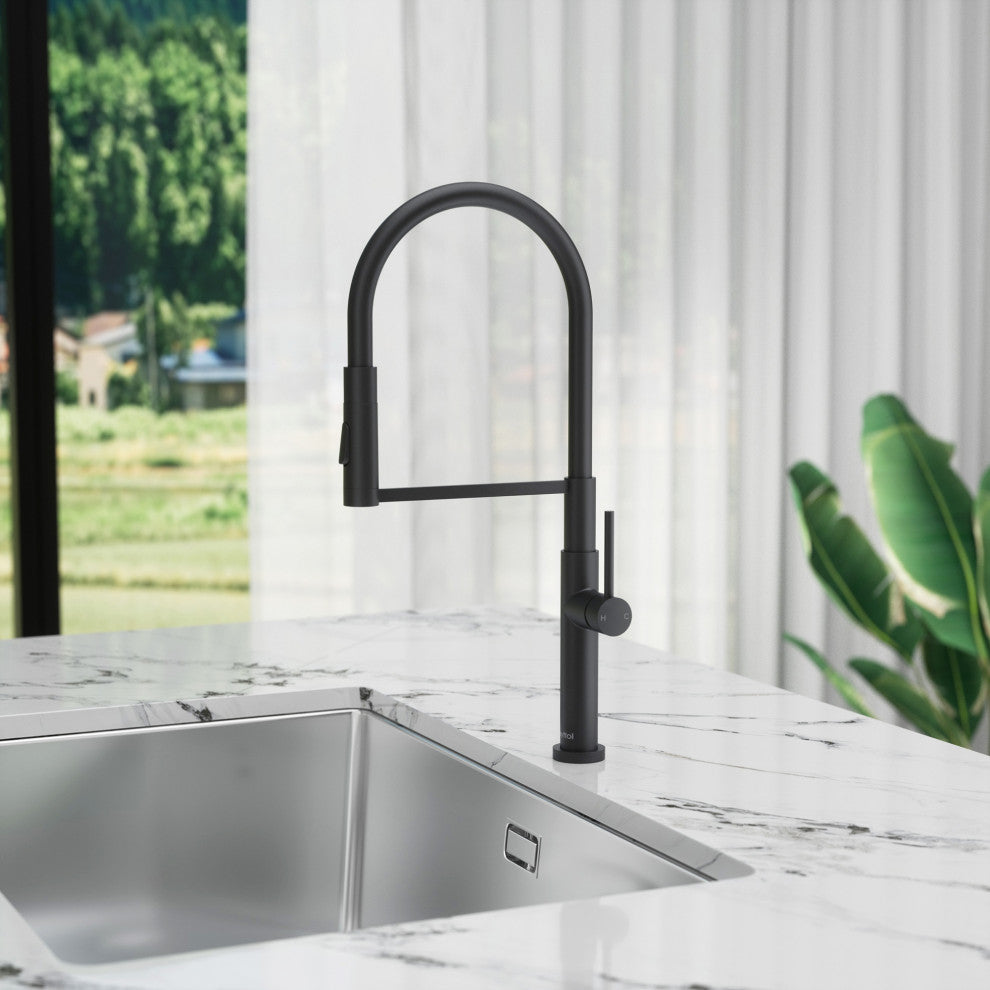 Single Handle Deck Mounted High Arc Pull Down Brass Kitchen Faucet, Matte Black