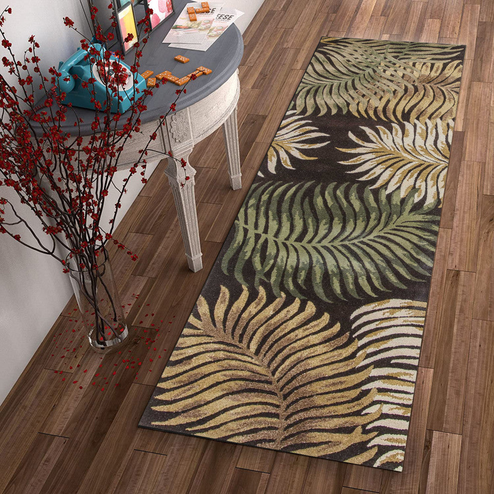 HomeRoots 8' Espresso Brown Hand Tufted Tropical Leaves Indoor Runner Rug