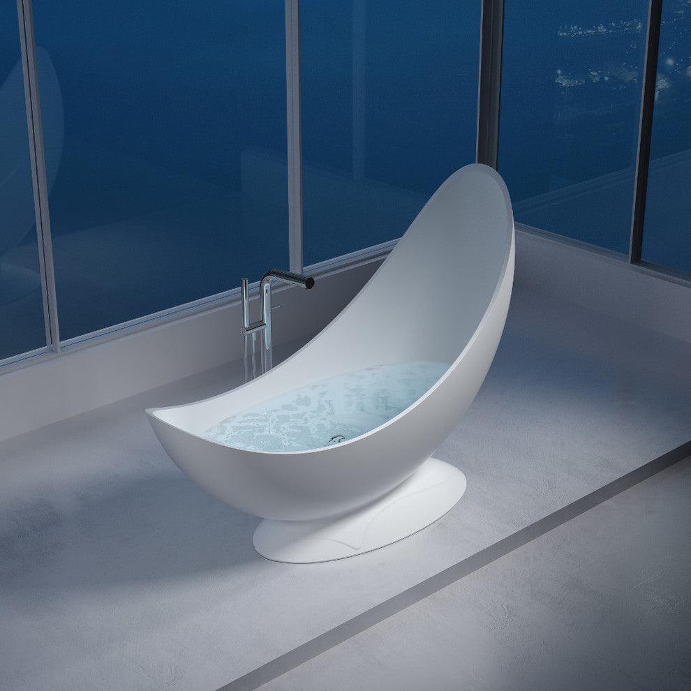78" Polystone Half Moon Free-Standing Bathtub, Matte White, No Faucet
