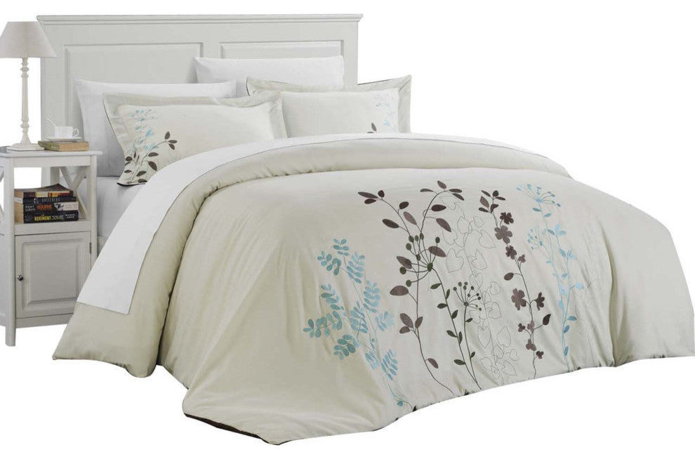 Kathy Kaylee Floral Embroidered 7-Piece Duvet Cover Set, Queen Beige
