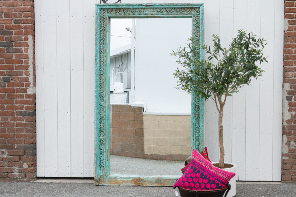 19th Century Indo-French Aqua Carved Floor Mirror