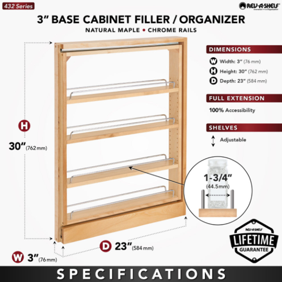 Wood Base Filler Pull Out Organizer for New Kitchen Applications, 3"