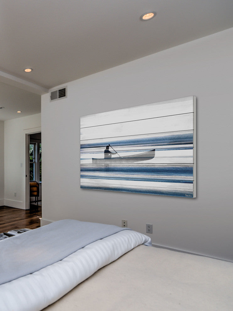 "Blue Lake Canoe" Print on White Wood, 45"x30"