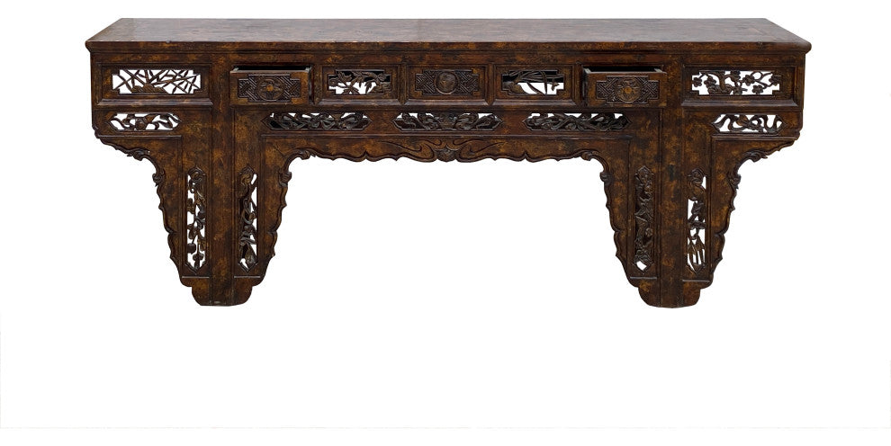 Chinese Brown Wood Open Flower RuYi Carving Apron Altar Console Table Hcs7802