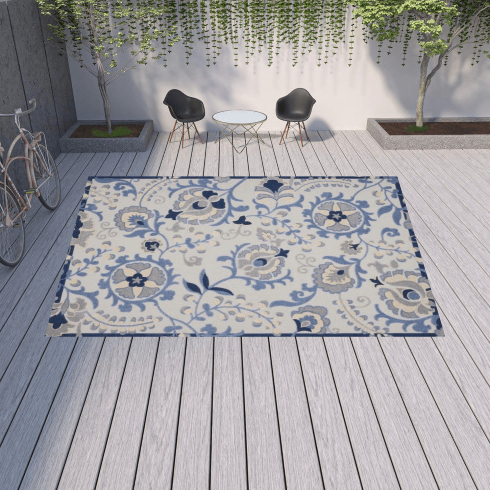 12' X 15' Blue And Grey Ikat Non Skid Indoor Outdoor Area Rug