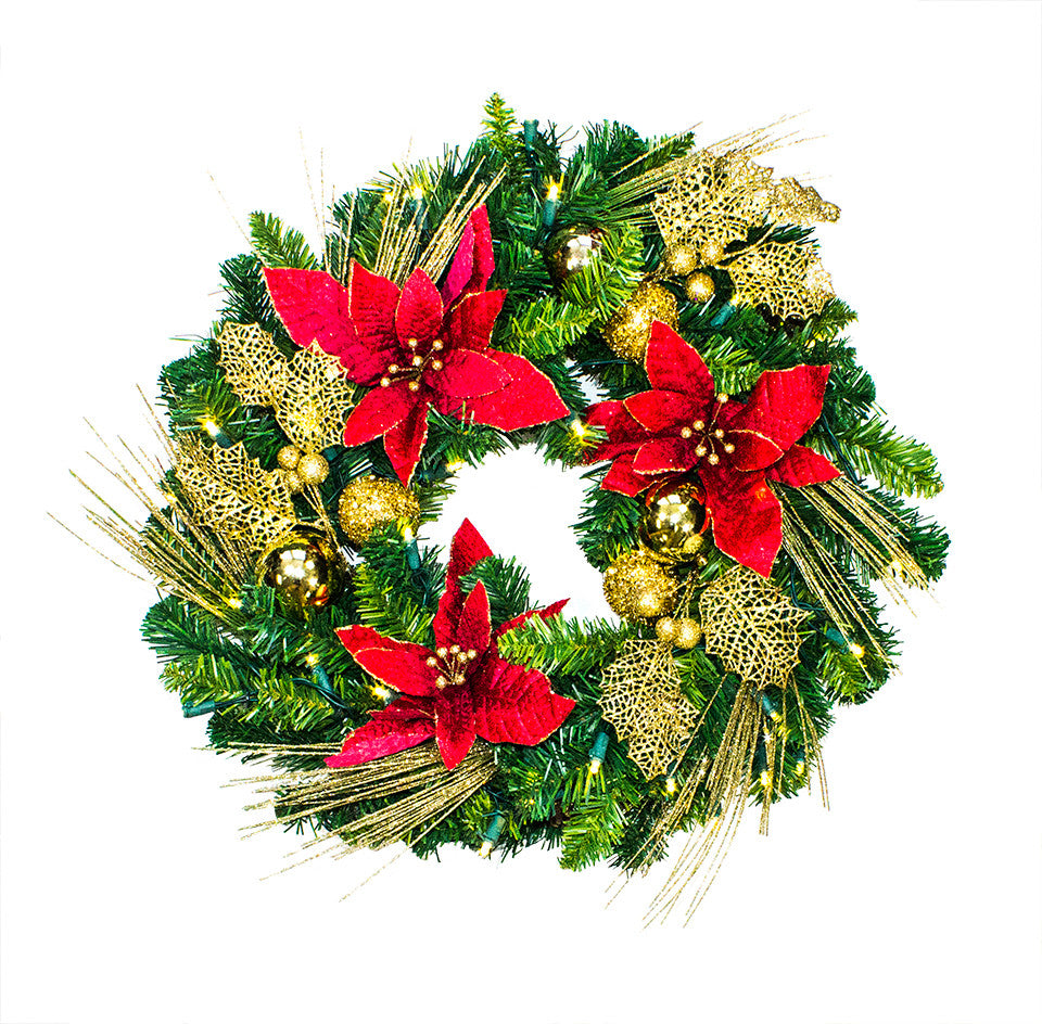 24" Red Poinsettia Wreath Lit With Warm White Lights