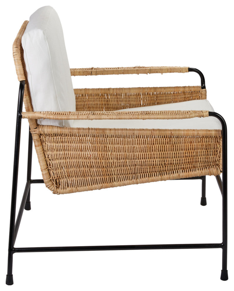 Palermo Lounge Chair, Natural Rattan and Black Steel With Off White Cushions