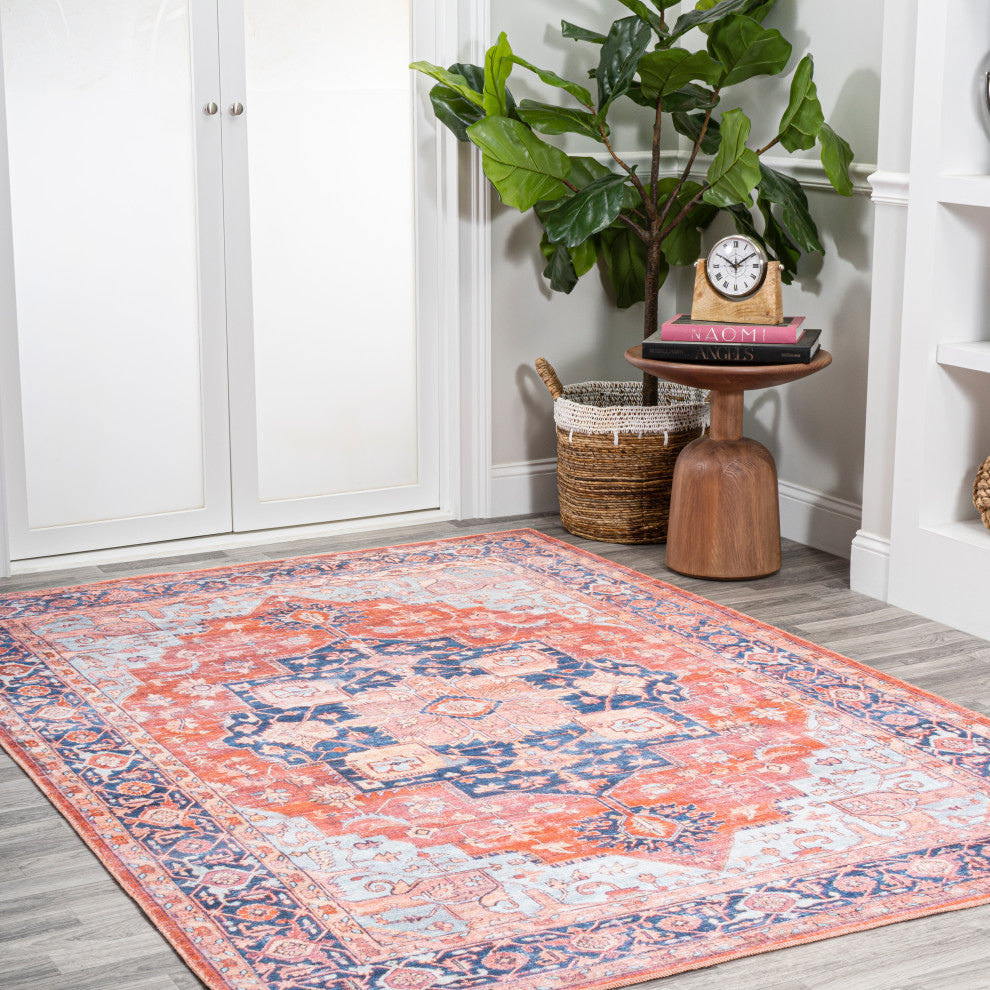 Maris Ornate Medallion Machine Washable Indoor Area Rug, Orange/Cream, 5 X 8