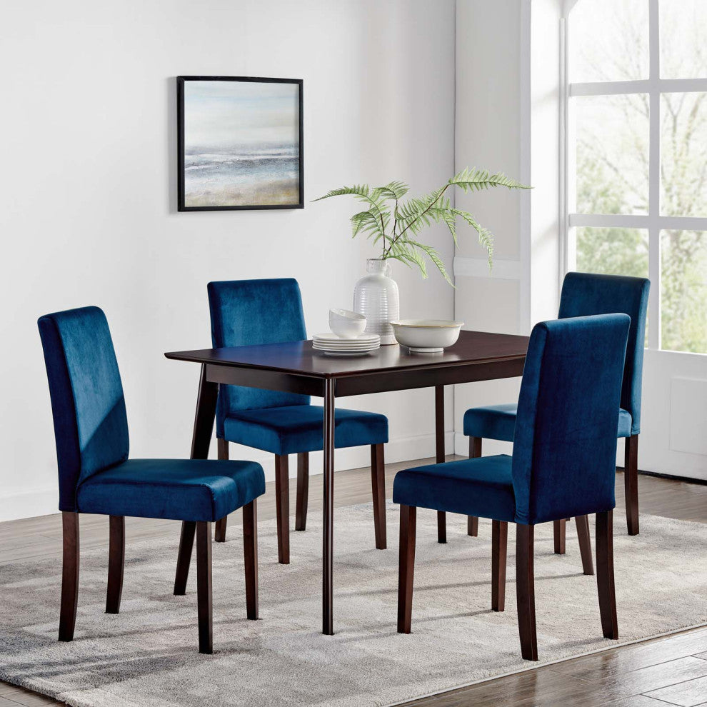 Side Dining Chair and Table Set, Velvet, Drak Brown Blue Navy, Modern, Bistro