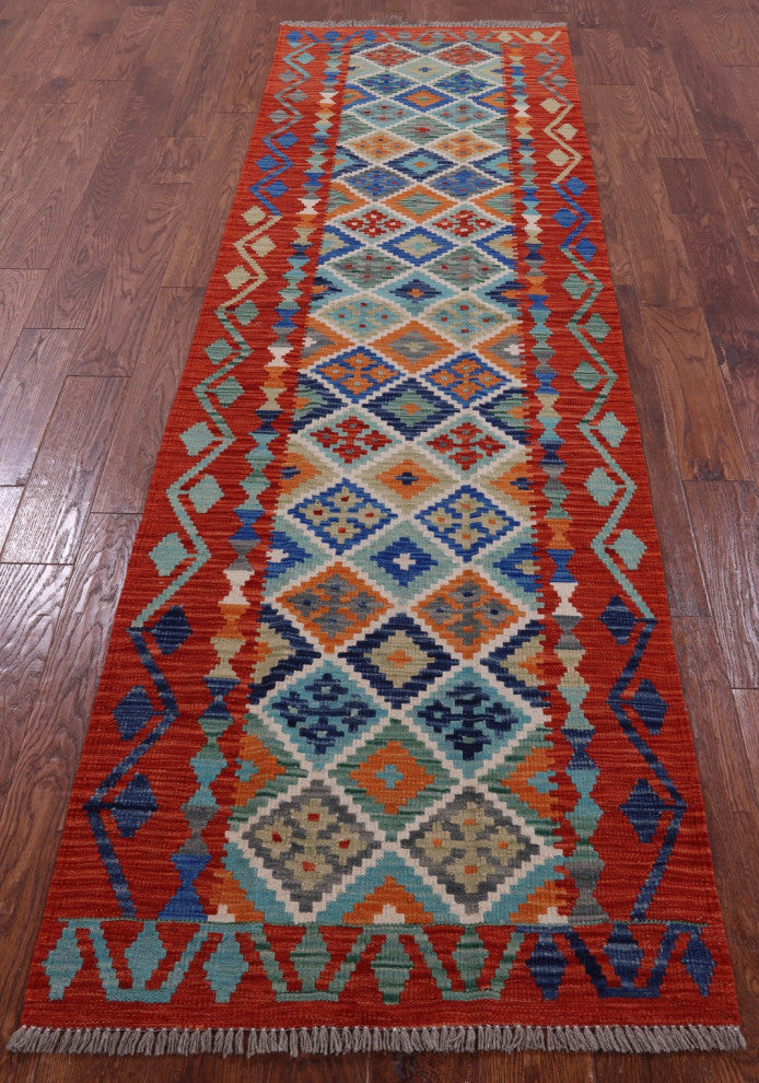 2' 10" X 9' 9" Reversible Kilim Flat Weave Wool On Wool Runner Rug - Q12564