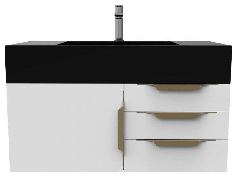 CastelloUSA Nile 36" Wall Mounted Vanity Set, White, Black Top, Gold Handles