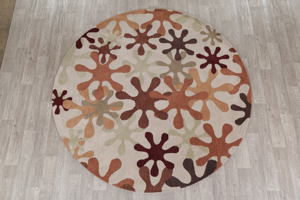 Floral Oushak Oriental Hand-Tufted Indian 8ft Round Area Rug, Beige, 7'10"X7'10"