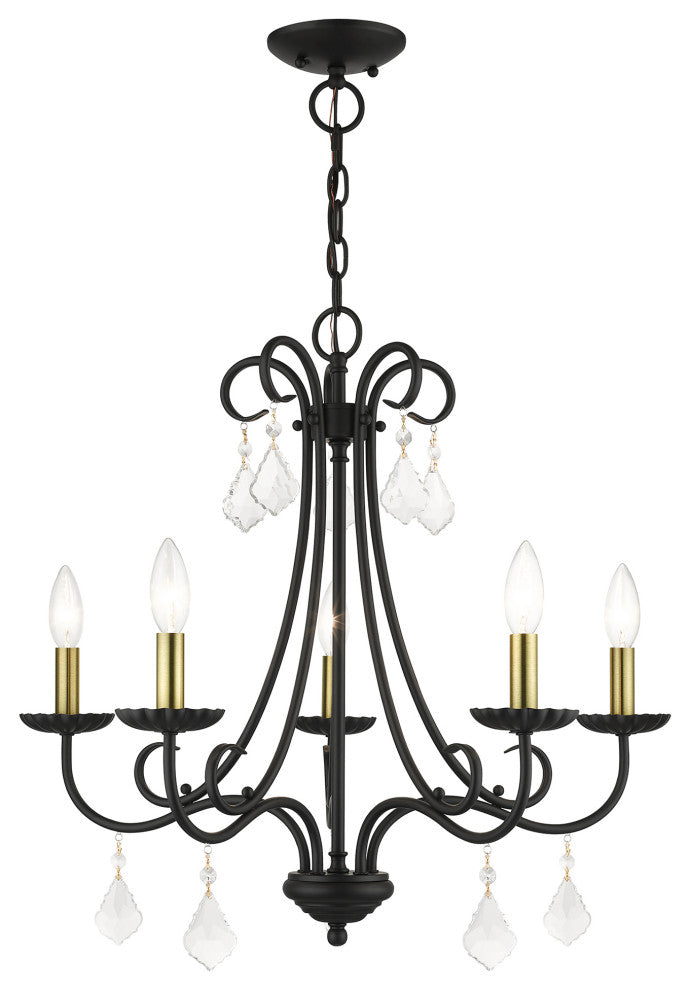 Daphne 5-Light Black Chandelier, Antique Brass Accents and Clear Crystals