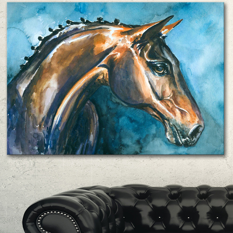 Brown Horse on Blue Watercolor, Abstract Canvas Art Print, 40"x30"