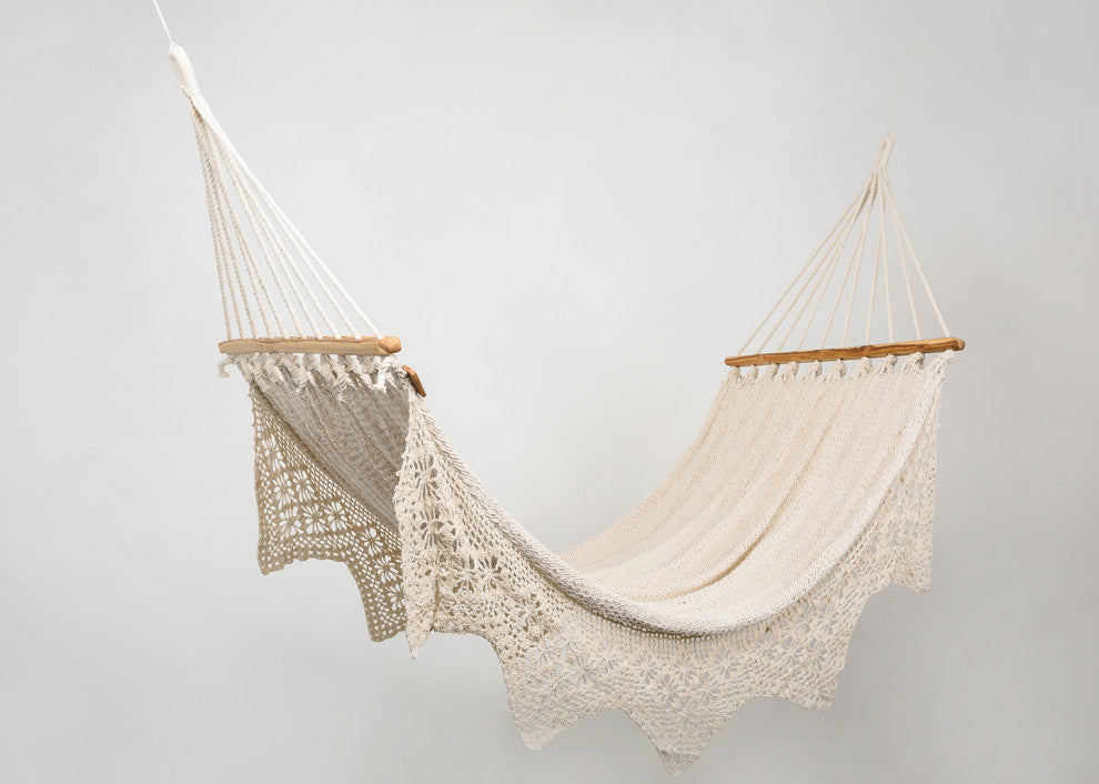 Boho Natural Cotton Hammock With Geometric Fringe, Wooden Bar