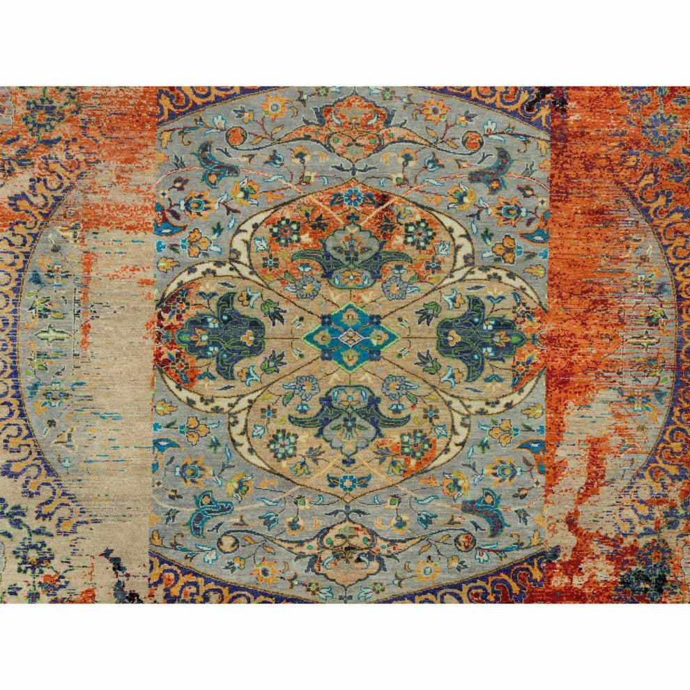 Orange Wool Hand Knotted Ancient Ottoman Erased Design Square Rug 10'2"x10'2"