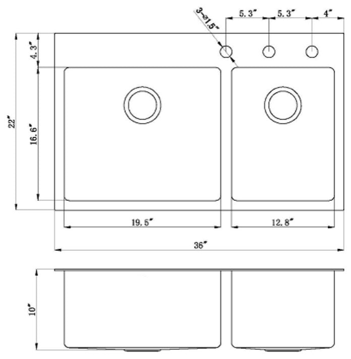 36" Topmount 16 Gauge 60/40Double Bowl, Sink With Faucet and Strainer