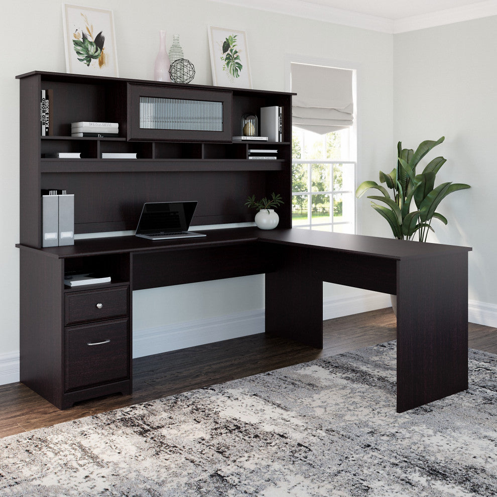 Cabot L Shaped Computer Desk With Hutch and Drawers, Espresso Oak