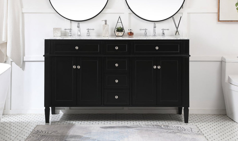 Home Living Vanity with Carrara White Marble Countertop, Black, 60", Double Sink