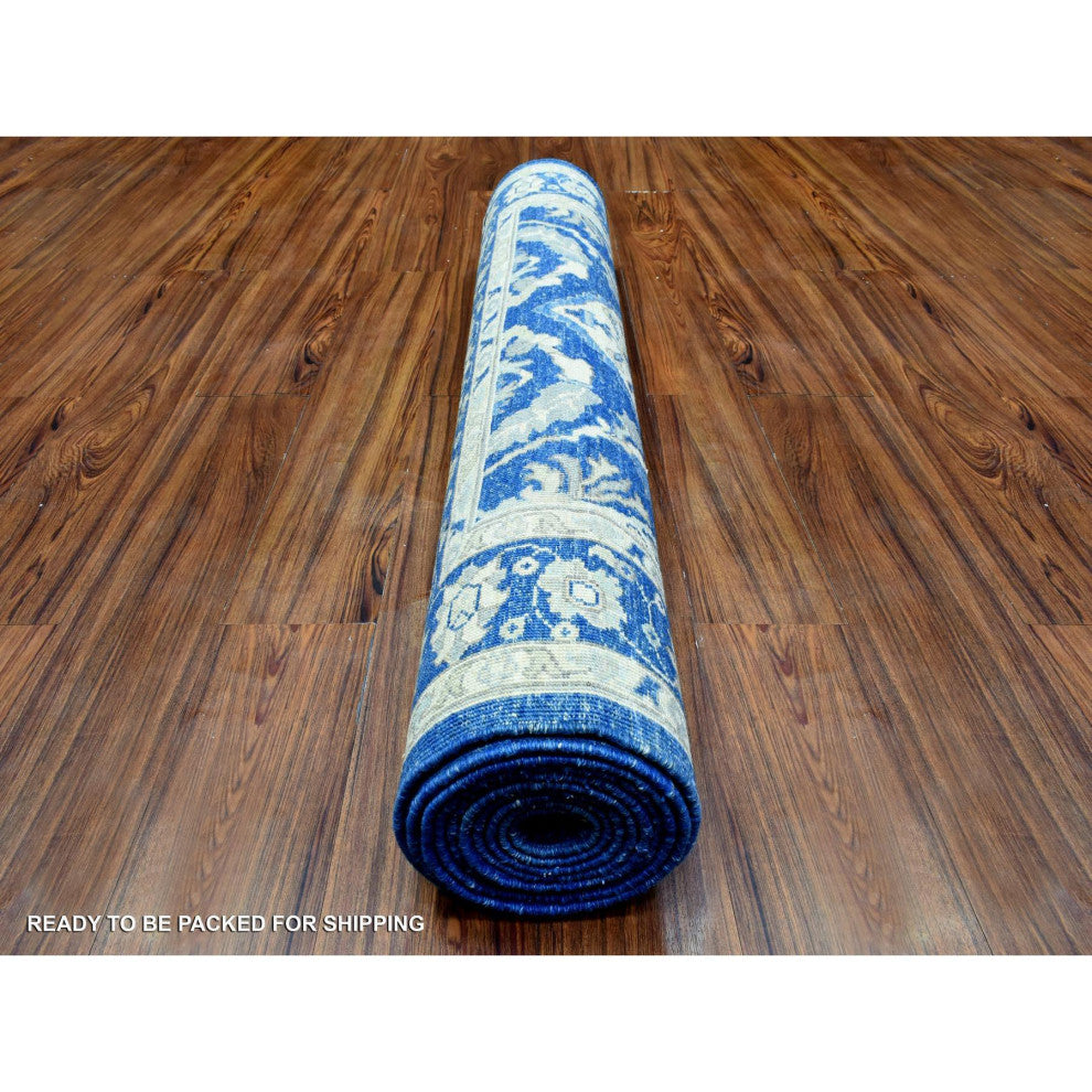 Navy Blue, Fine Peshawar Soft Wool Hand Knotted Wide Runner Rug, 4'0"x11'8"