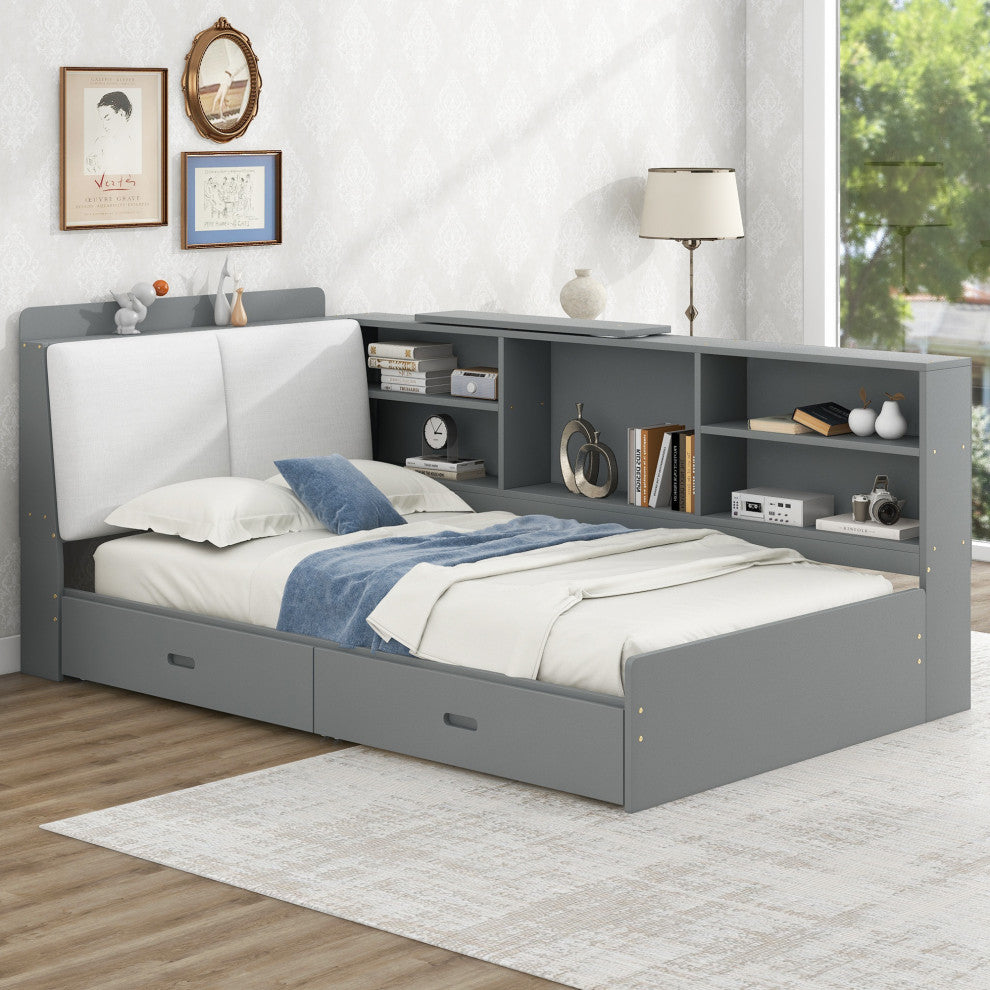 Gewnee Wood Twin Size platform bed with Storage Headboard