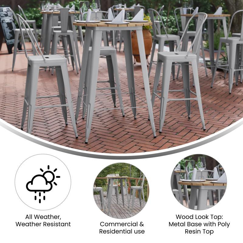 Declan Commercial Indoor/Outdoor Round Bar Top Table, 30", Brown/Silver