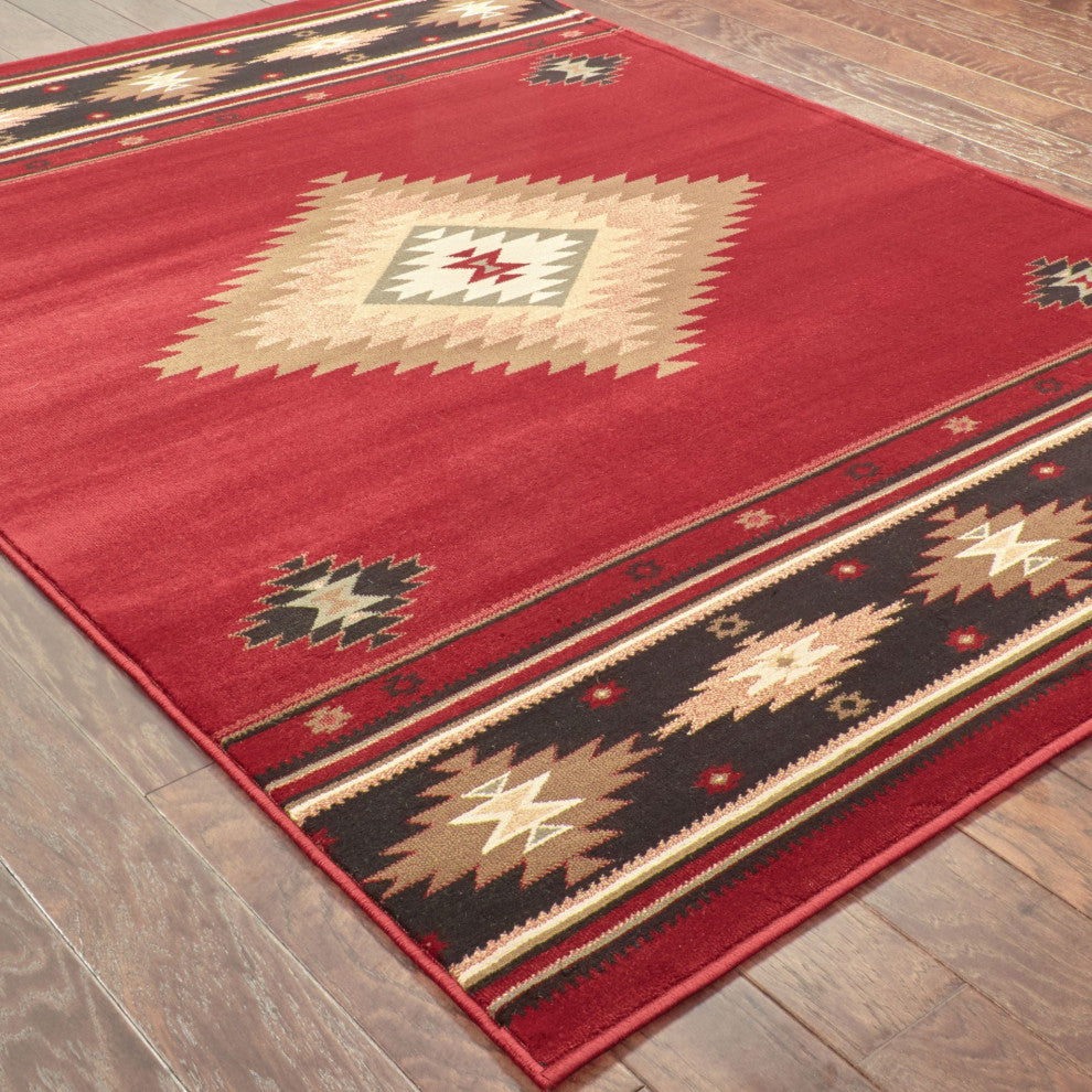 10" x 13" Red and Beige Ikat Pattern Area Rug