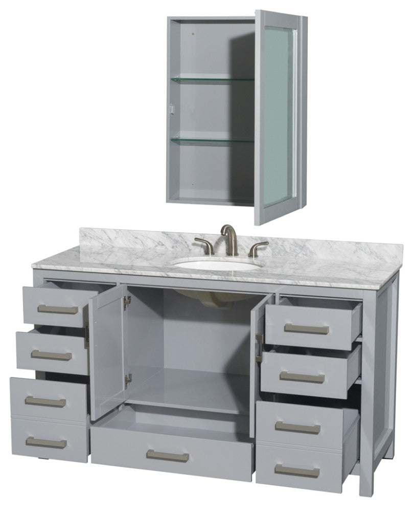 Wyndham WCS141460SGYCMUNOMED 60" Vanity in Gray + Carrera Marble and Round Sink