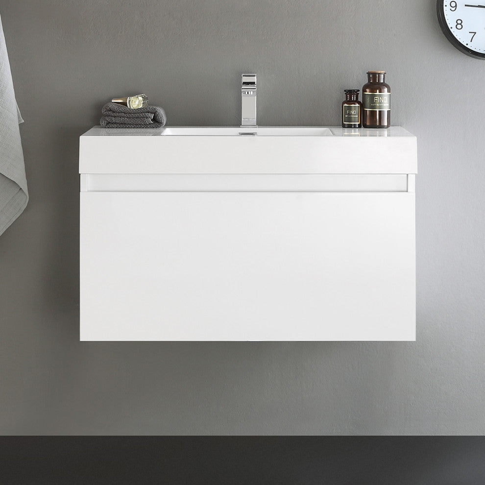 Fresca Mezzo 36" White Wall Hung Cabinet With Integrated Sink