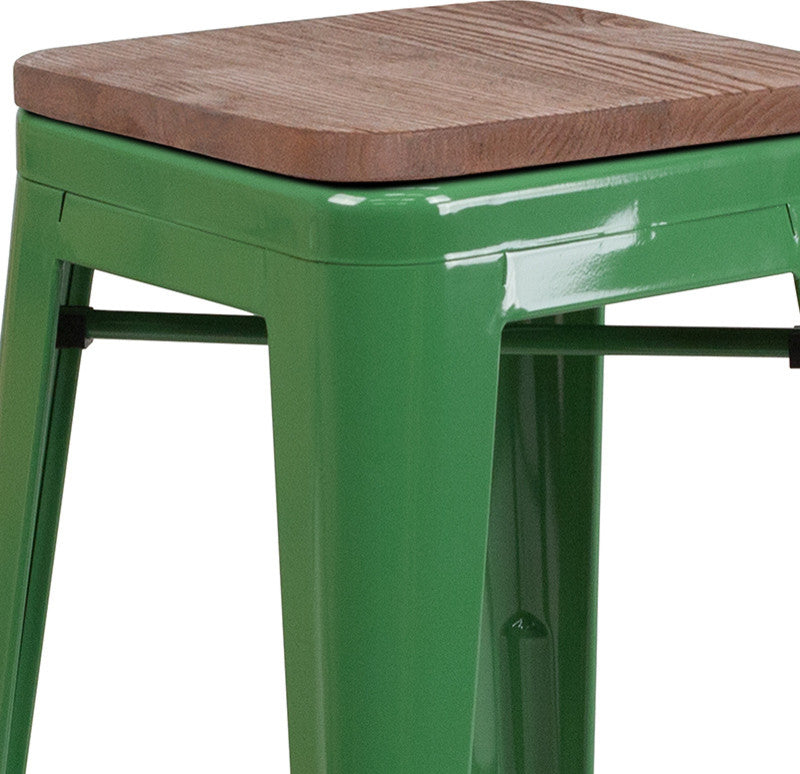 24" High Backless Green Metal Counter Height Stool With Square Wood Seat