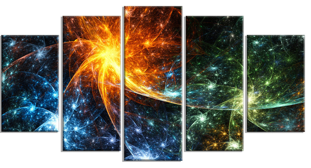 Colorful Fireworks with Stars, Contemporary Canvas Art Print, 60"x32", 5 Panels
