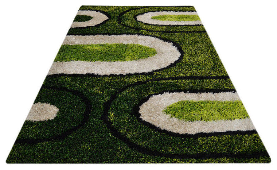 Modern Shaggy Hand Tufted Oriental Shag Area Rug, Green, 5x8'