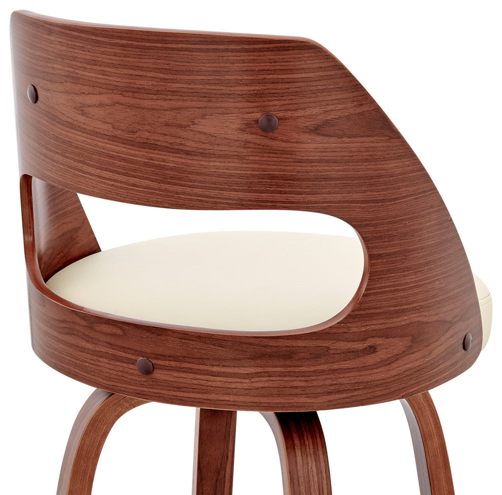 Julius Faux Leather and Wood Bar Stool, Cream and Walnut, 26"