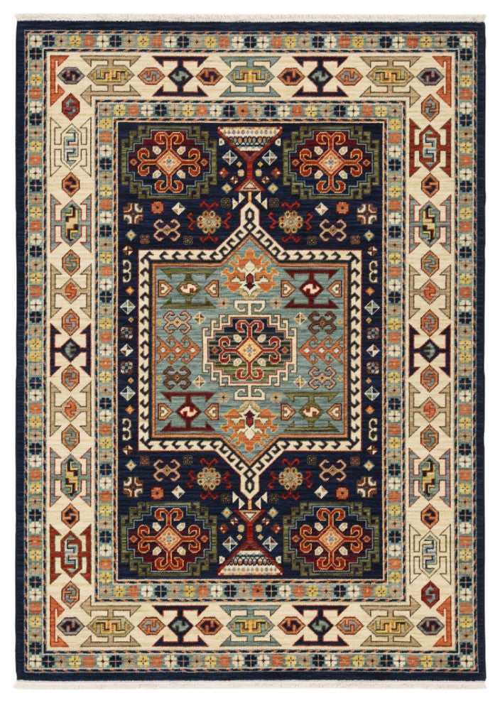 2' X 3' Blue Ivory Machine Woven Medallion Indoor Area Rug