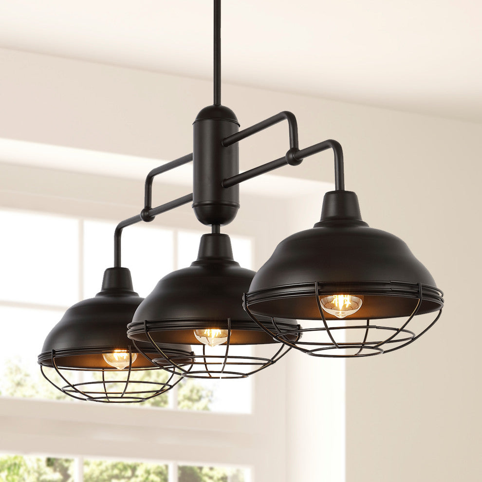 Levi Industrial Farmhouse Iron LED Pendant, Oil Rubbed Bronze, 3-Light
