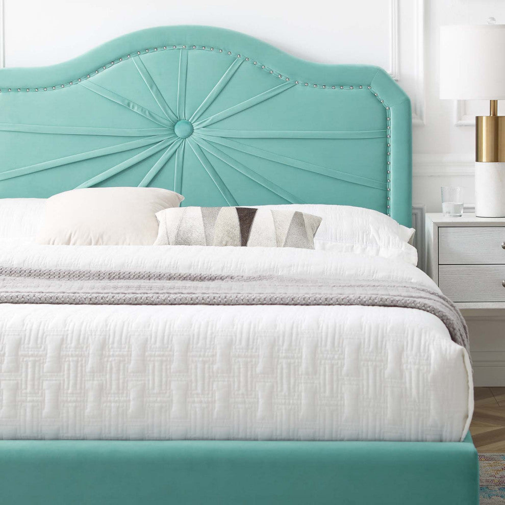 Platform Bed Frame, King Size, Velvet, Blue, Modern Contemporary, Bedroom Master