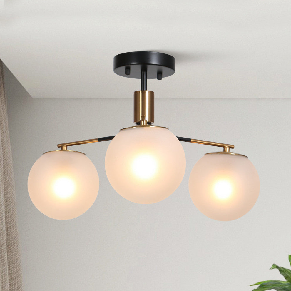 LNC 3-Light 19" Black and Polished Gold Globe Moder Semi-Flush Mount Light