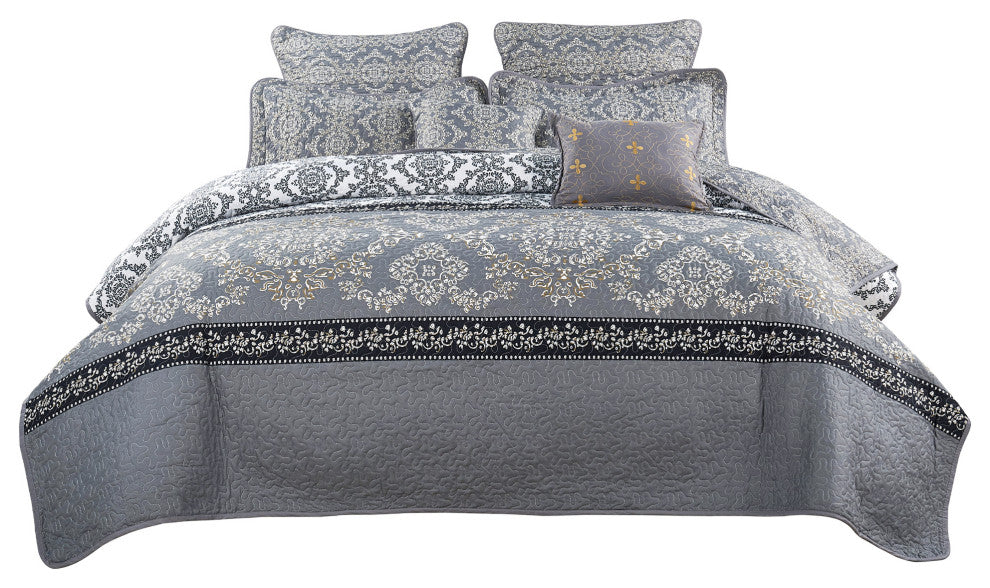 Mystic Quilted 7-Piece Bed Spread Set, Charcoal, Queen