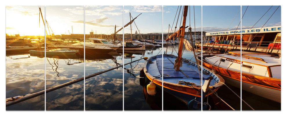 Yachts at Sea Port of Marseille, Boat Canvas Art Print, 83"x32", 7 Panels