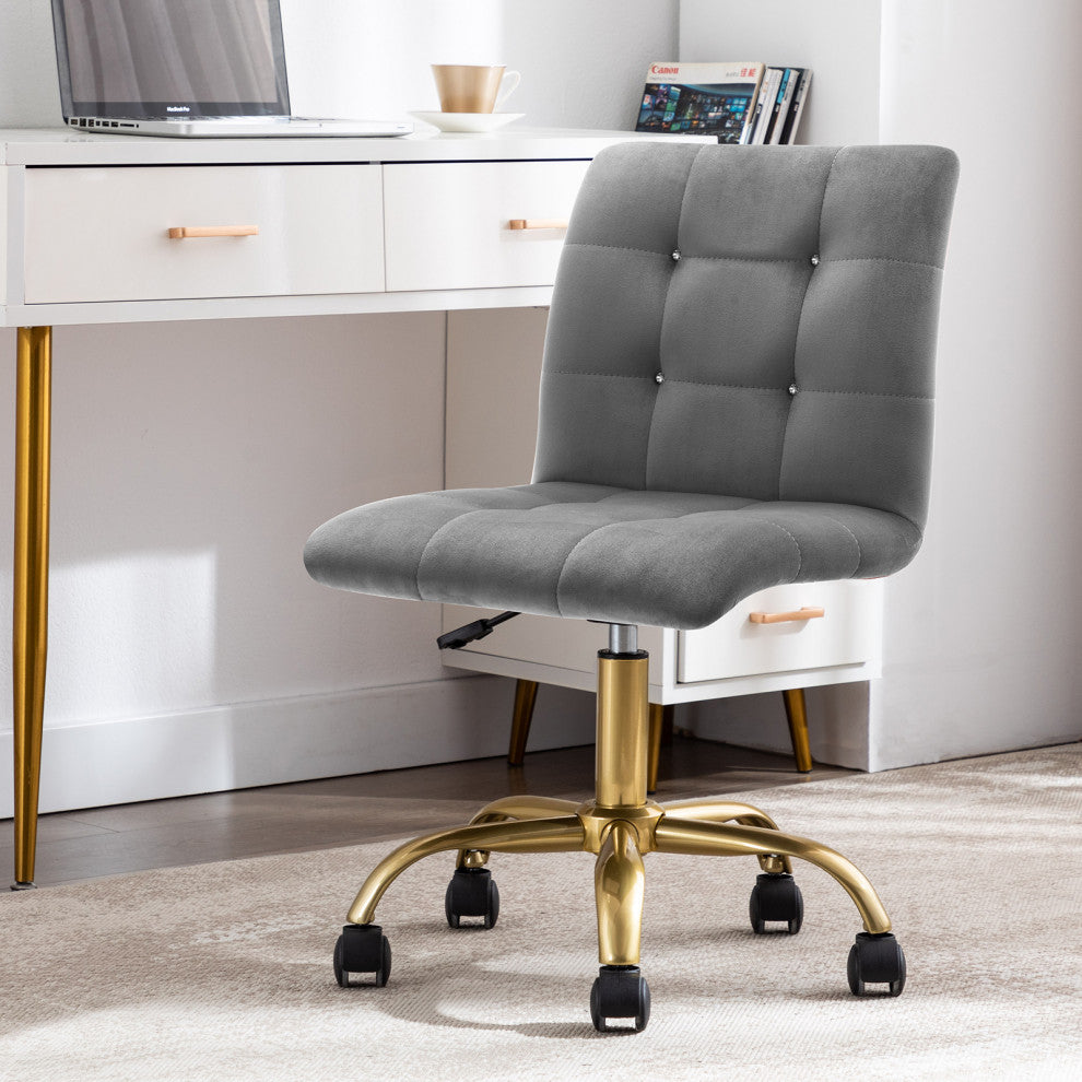 Rhinestone Square Tufted Desk Chair, Grey-Velvet