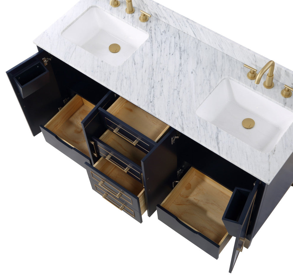 Gracie Bathroom Vanity, Pacific Blue With Carrara Marble, 60"