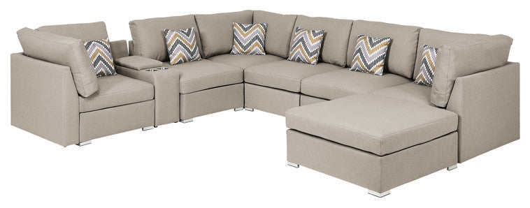 Amira Beige Linen Fabric Reversible Sectional Sofa with USB Storage Console
